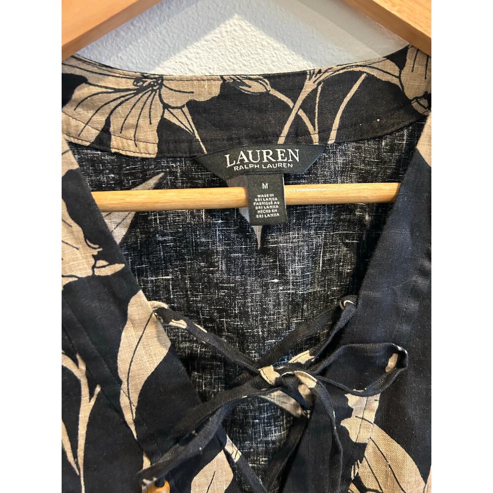Ralph Lauren 100% Linen puff sleeve floral black beige tie front blouse top sz M - Picture 4 of 8